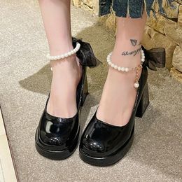 Dress Shoes Bow Women Mary Jane High Heels 2024 Autumn String Bead Lece Lolita Designer Elegant Pumps Zapatos Mujer