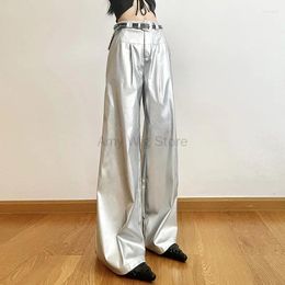 Women's Pants Silver High Waisted Casual Wide Leg Leather Women Retro Chic PU Faux Autumn Winter Fashion Trousers