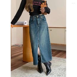 Skirts Retro Nostalgic Loose A-line Denim Skirt For Women In Autumn Fashionable And Versatile Split Long Elegant Female Clothes