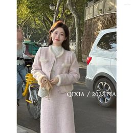 Two Piece Dress UNXX Pink Elegant Suit Coat Skirt Set 2023 Autumn And Winter O-neck Casual Loose Lady Top Long Two-piece