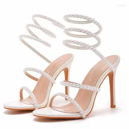 Sandals Summer Pearl Flower Line With Snake Wrapped Open Toe Slim High Heels Banquet Dress Versatile Large Women's Shoes