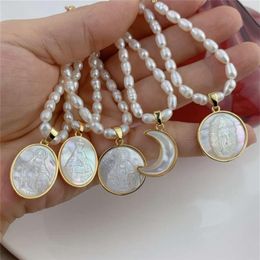 Freshwater Pearl Beaded Chokers Necklaces For Women Natural MOP Shell Holy Virgin Mary Guadalupe Religious Medal Pendant 210929286O
