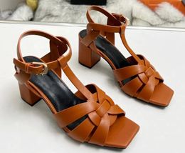 Luxury Summer Brands black Tribute leather sandals with Bridal Wedding High Heels Modern Elegance Square Toe Party Dress Gladiator Sandalias Lady With Box35-44