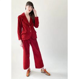 Women's Suits Blazers Corduroy Winter Suit 2 Pieces Red Pants Sets of Women Elegant Style Single Breasted Lapel Blazer Female Clothing 231214