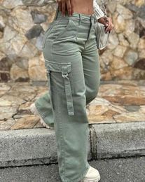 Women s Pants s Green Cargo Pocket Design High Waist Button Solid Color 2023 Summer Fashion Loose Streetwear 231215