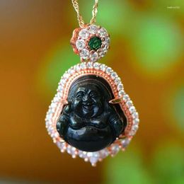 Pendants Black Nephrite Jade Buddha Necklace Women Healing Gemstone Fine Jewelry Hetian Jades Charms Rose Gold Necklaces