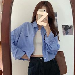 Women's Blouses Blusas Mujer High Waist Crop Top Office Lady Blue Striped Embroidered Shirt Y2k Lazy Sun Protection Shirts Jacket Ropa 2023