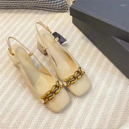 Dress Shoes Gold Metal Chain Women Spring Summer With Back Empty Sandals 2024 Sexy Zapatos Mujer Square Toe Chaussure Femme