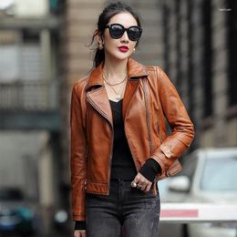 Women's Leather Jacket Spring Autumn Women Real Sheepskin Coat Moto Female Short Brown Coat2023