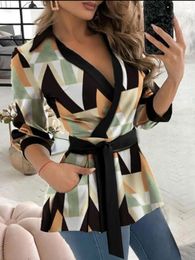 Women's Blouses Autumn Long Sleeve Print Belt Shirt For Women Sexy V-neck Slim And Tops 2023 Office Ladies Shirts Elegant Clothing