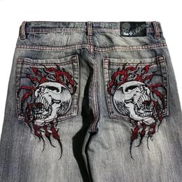 Womens Jeans Y2K Fashion Hip Hop Skull Embroidery Blue Retro Street Mens Harajuku Gothic Wide Legged Pants 231214