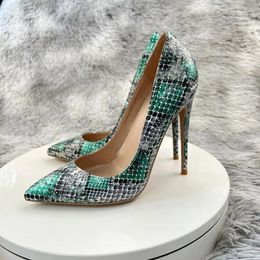 Dress Shoes Snake Pattern Blue Green Spring Women Pumps 12cm High-heeled Ladies Shallow Party Thin Heels Fashionable And Sexy