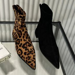 Boot Mid Heels Shoes Suede Pointed Toe Chelsea Winter 2023 Sexy Leopard Chunky Ankle Pumps Dress Walking Botas 231214