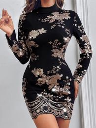 Casual Dresses 2023 For Women Floral Sequin Sheer Mesh Party Dress Vestidos De Mujer Elegant Mini Robe Female