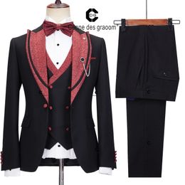 Men's Suits Blazers Cenne Des Graoom 2023 Elegant for Men Black and Red Tuxedo Jacket Vest Pants with Bowtie 4pcs Set Wedding Dress Grooms 231214
