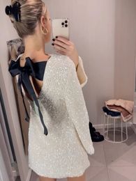 Urban Sexy Dresses Fashion Solid Sequin Dress For Women Elegant Female Round Neck Bow Mini Party Dress Chic Long Sleeves Christmas Dress 231215