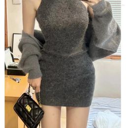 Work Dresses Harajpee Grey Sexy Suits Girl Soft Glutinous Sweater Coat Wrapped Hip Hanging Neck Knit Dress Two Piece Set Women Autumn Winter