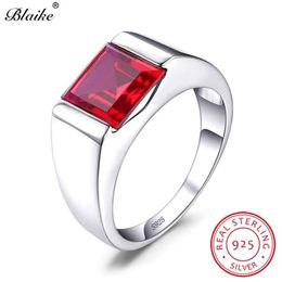 Boho Real s925 Sterling Silver Wedding Rings For Men Women Red Ruby Stone Square Zircon Engagement Ring Male Party Fine Jewelry 20257v