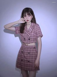 Work Dresses Y2k Dress Sets Women Summer Plaid Retro Bandage Mini Skirts Crop Top Korean Style College Sexy Leisure Chic Soft Ladies Slim