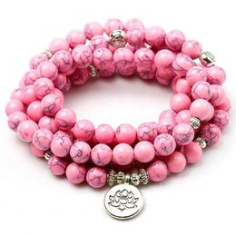 Pink Howlite Stone Healing Chakra 108 Prayer Beads Mala Bracelet Women Jewellery Wrist OM Buddhist Buddha Charm Bracelets2369