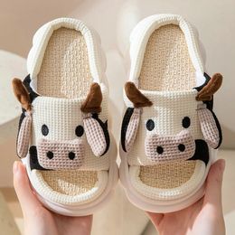 Slipper Cute Cartoon Slippers Kids Soft Cotton Linen Children Slippers Thick Bottom Home Shoes Funny Frog Cow Slides Outdoor Beach Shoes 231215