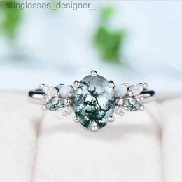 Solitaire Ring Unique Women's Fashion Oval Cut Moss Agate Engagement Wedding Ring Elegant Nature Inspired Cluster Opal Promise Rings JewelryL231215