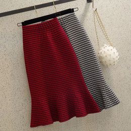 Skirts Skorts Spring Autumn Knitted Fishtail Skirt Elastic Waist Plaid A-line Ruffle Slim Hip Wrap Skirt Temperament Elegant Women Clothes 231215