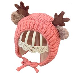 Hats Baby Trapper Hat Earflap With Chin Strap Cartoon Deer Antlers Animal Knit Cap