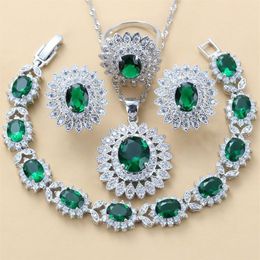 luxurious Dubai Bridal Silver 925 Brial Jewelry Sets Green Cubic Zircon Sunflower Earrings Necklace Bracelet And Ring Sets 220210289e