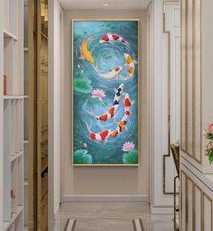 Paintings Koi Fish Feng Shui Carp Lotus Pond Pictures Oil Painting On Canvas Posters And Prints Cuadros Wall Art For Living Room3648325