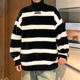 Men's Sweaters High Necked Ugly Sweater For Men Autumn Winter 2023 In Striped Turtleneck Knitted Tops Loose Lazy Vintage Warm Pullovers