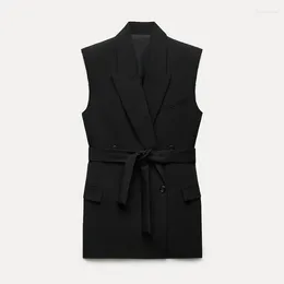 Women's Vests Spring Autumn With Belt Sleeveless Long Vest Women Lapel Double Breasted Black Waistcoat 2024 Female Chic Pockets Outerwear