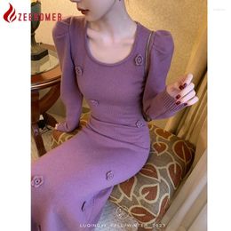 Casual Dresses 2023 Autumn Fashion Purple Knitted Midi Dress Women French Elegant Long Puff Sleeve O Neck Handmade Crochet Flower Party