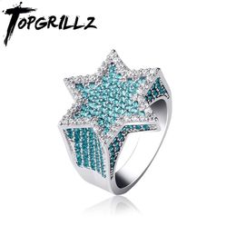 Wedding Rings TOPGRILLZ Hexagon Star Silver Colour Blue Iced Out Cubic Zircon Micro Paved Personality Hip Hop Jewellery For Gifts 231214