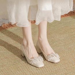 Dress Shoes Pearl High Heels Women Square Toe Thick Heel Casual Single For Comfortable Red Slip-on Wedding Zapatos