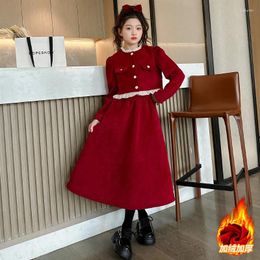 Clothing Sets 2024 Europe Spring Winter Girls Clothes Set Teenager Red Lace Button Velvet Coat Long Skirt Year 5 6 7 8 9 10 11 12 Years