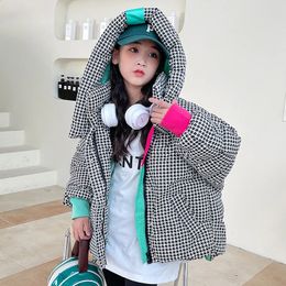 Down Coat Houndstooth Fashion Warm Kids Winter Hooded Thick Boys Girls Jacket Korean Style Short Children Puffer Parkas 231214