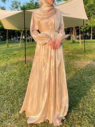 Ethnic Clothing Women Eid Muslim Abaya Lantern Sleeve Gorgeous Party Dress Solid Pearls Long Robe Dubai Kaftan Streamer Yarn Vestidos