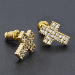 New guys 18K Gold Plated Mens Blingbling Diamond Cross Stud Earrings Mens Womens Hip Hop Earring Studs Iced Out Jewellery for Women 227v