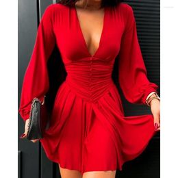 Casual Dresses 2024 Spring Summer Women's Solid Color Deep V Lantern Sleeve Fitted Waist Pleated Dress Fashion