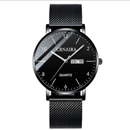 Crnaira Black Steel Mesh Band Quartz Mens Watches Luminous Calendar Watch Big Three Hands Casual Business Stylish Man Wristwatches257z