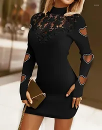 Casual Dresses Sexy Women's Dress Fashionable Selling Beaded Hollow Lace Edging Tight Fitting Long Sleeved High Necked