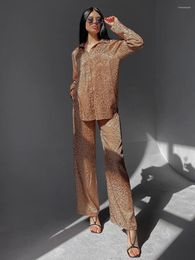 Women's Sleepwear Marthaqiqi Leopard Print Female Nightie Suit Long Sleeve Nightwear Turn-Down Collar Nightgowns Pants Fashion Ladies