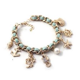 Fashion Ocean Series Bracelet Anchor Rudder Starfish Shell Seahorse Octopus Pearl Charms Sea Element Bohemia Style Bracelet308Q