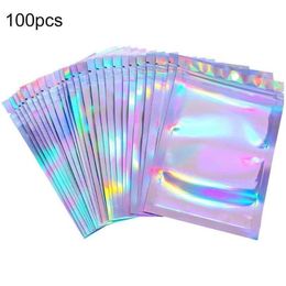 100Pc Pack Iridescent Reclosable Plastic Bag Aluminum Foil Water Proof Hologram Zipper Pouches Storage Packing Gift Wrap269F