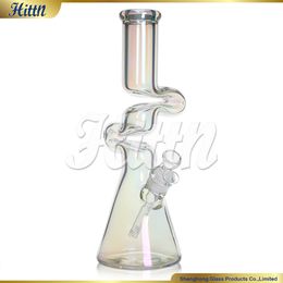 Hookah Glass Beaker Bong Big Z Shaped Twisted Glass Pipe Bong 14 Inches 7mm Thick Holographic Rainbow Glass Water Bong with 14mm Joint