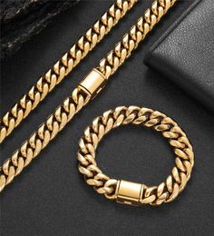 High Quality 18K Yellow Gold Plated Stainless Steel Miami Cuban Chain Necklace Bracelet Links for Men Women Punk Jewelry6648388