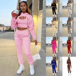 Women's Two Piece Pants women three-piece tracksuit suit with velvet drawstring solid Colour hooded sweater long-sleeve drawstring trousers and vest 231215