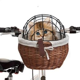 Bike Baskets Handwoven Cat Dog Bicycle Basket Willow Woven Bike Front Basket With Wire Mesh Cover Pet Basket Cycling Handlebar Bag 231214