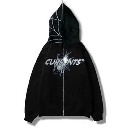 Men's Hoodies Sweatshirts Spider Diamond Men Zipper Hoodie Gothic Letter graphic Rhinestone punk clothes Teen Oversized Sweatshirts zip up Streetwear Y2K 231215